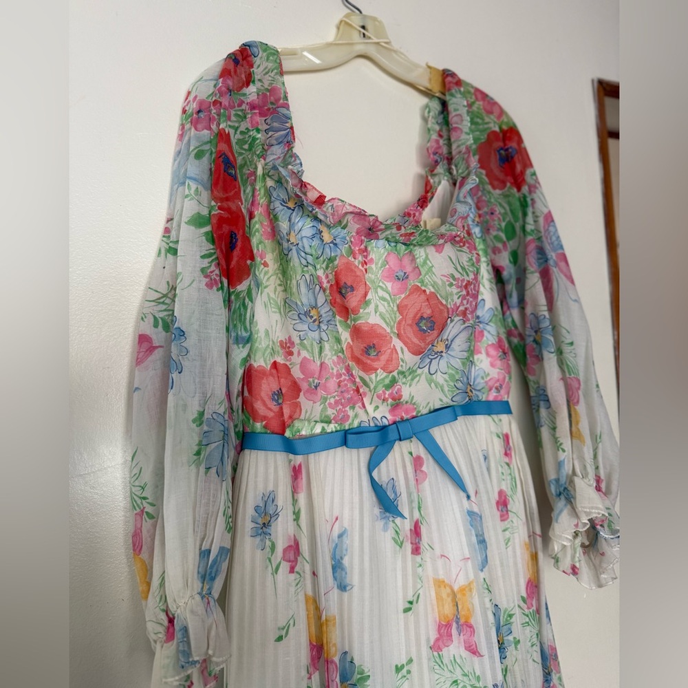 Vintage 1970s Pastel Floral Garden Maxi Dress Sheer Peasant Sleeve Womens Sz Lg - Picture 2 of 15